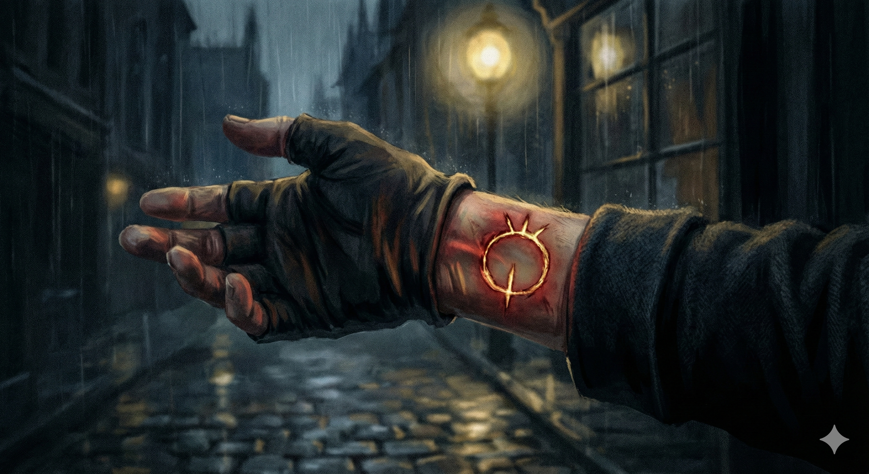 Elias looking down at the glowing Ledger sigil on his wrist